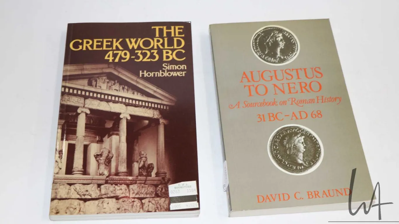 Two softcover books including " The Greek World 470-323 BC" by Simon Hornblower and "Augustus to Ner
