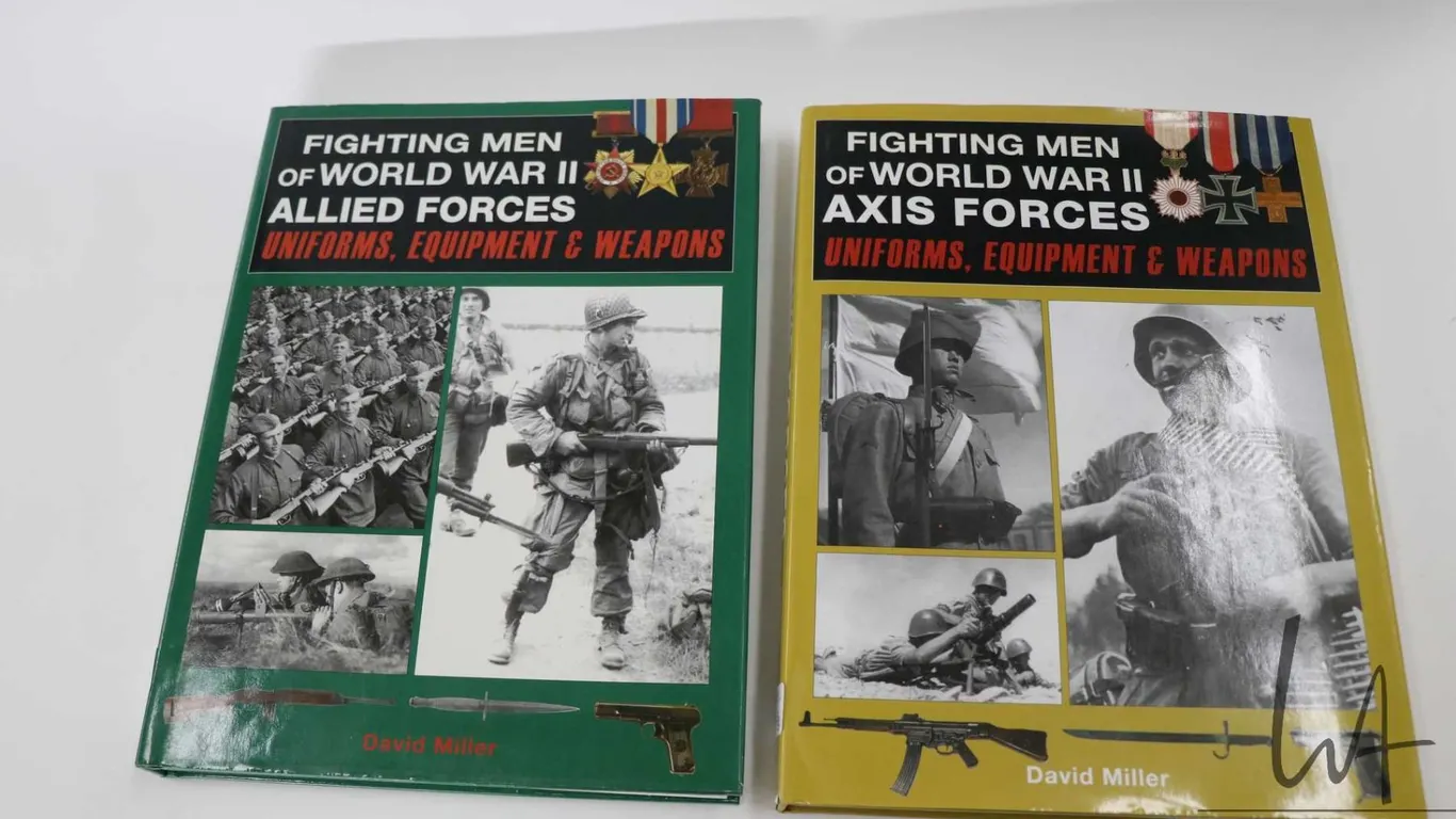 Two hardcover books including "Fighting Men of World War II Axis Forces: Uniforms, Equipment & Weapo