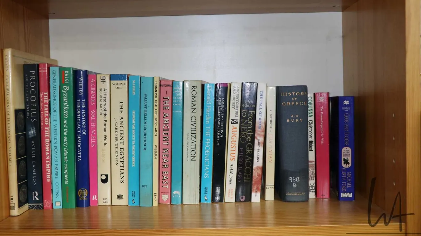 Shelf lot of paperback books including Roman and Egyptian history books etc.