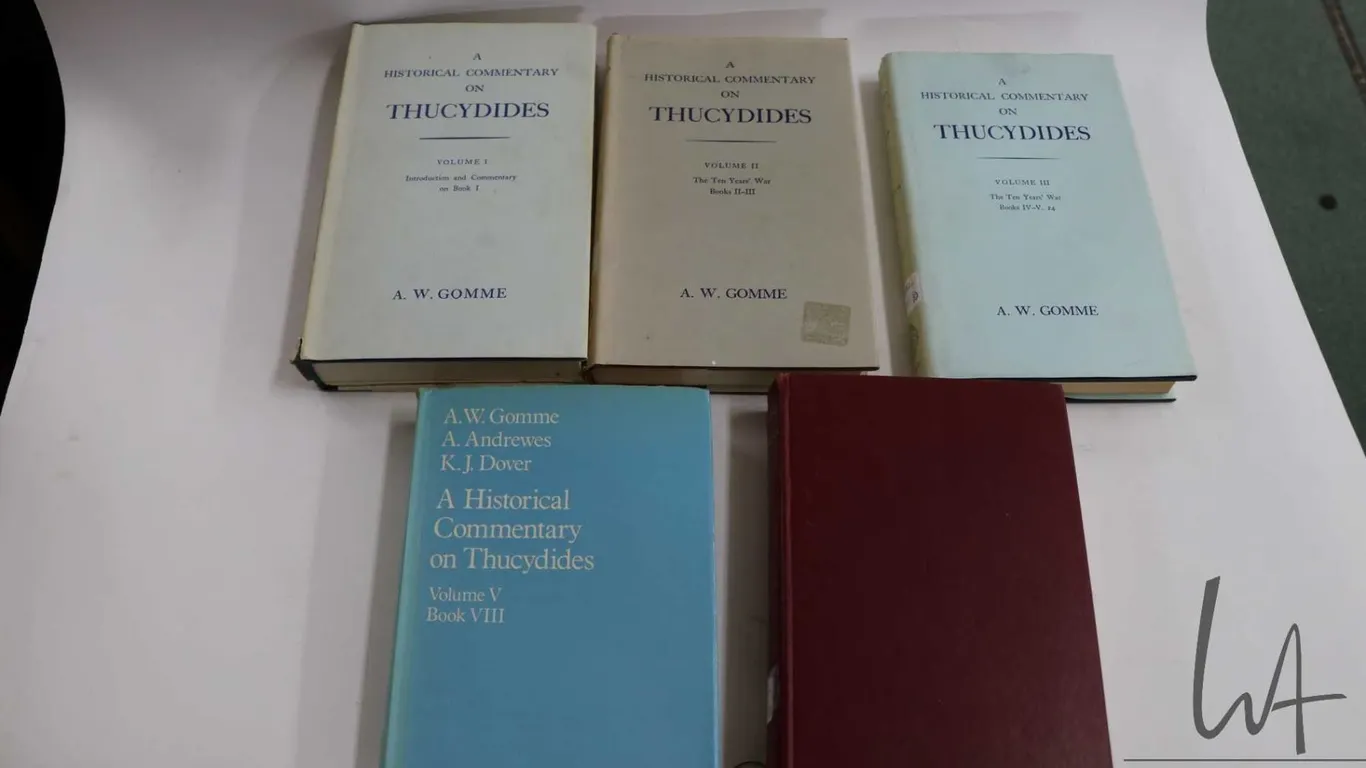 Five hardcover volumes, "Commentary on Thucydides" by A.W.Gommes incuding Book I, Book II-III, Book