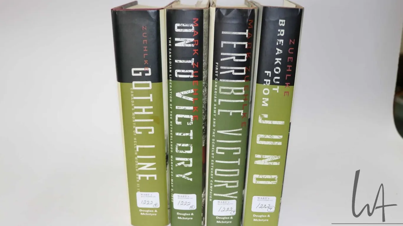Four hardcover WWII books by Mark Zuehlke including "Breakout from Juno", "Terrible Victory", "Onto