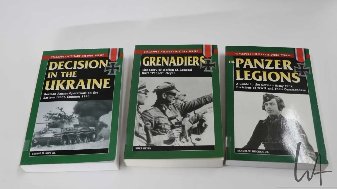 Three softcover books including " The Panzer Legions" by Samuel W. Mitcham, Jr., "Grenadiers" by Kur