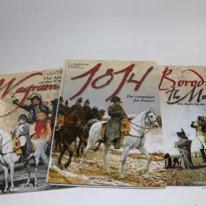 Three hardcover books including "1814 The Campaign for France", "Borodino The Moskova: The Battle fo