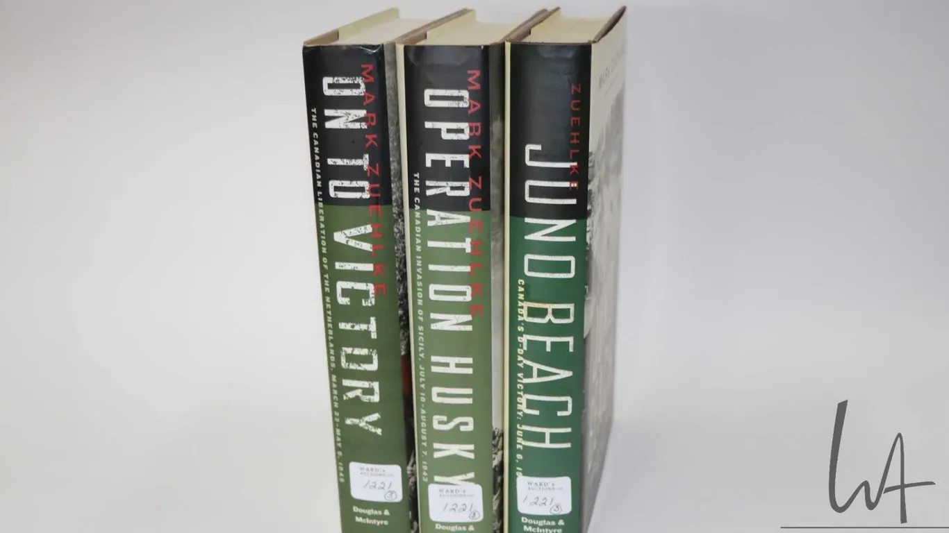 Three hardcover WWII books by Mark Zuehlke including "Juno Beach", "Operation Husky" and "On to Vict
