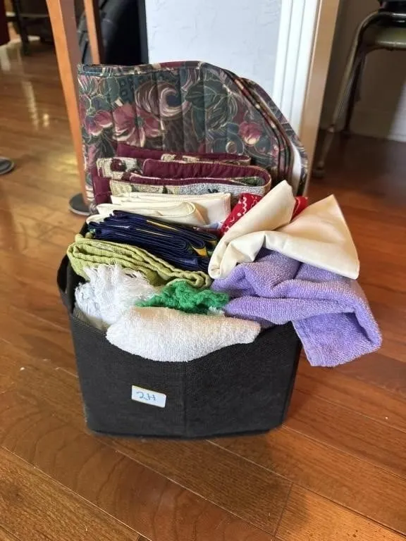 Variety of fabric scraps, placemats, and towels