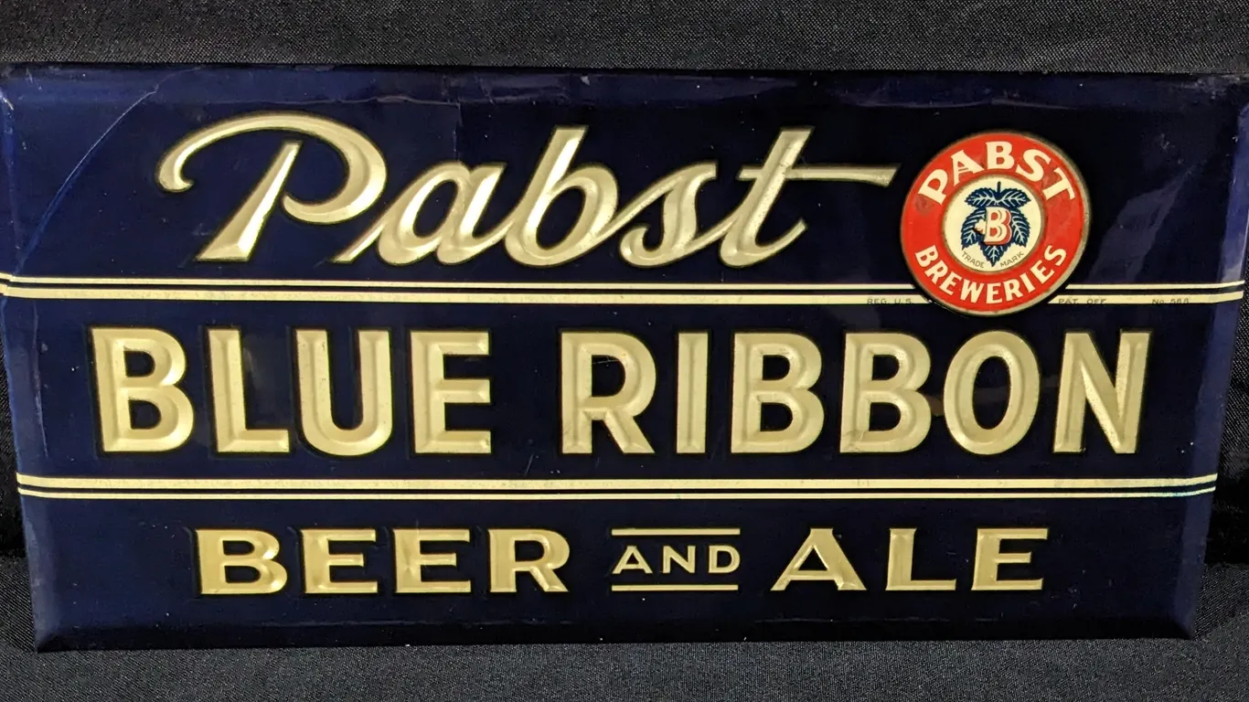 CELLULOID OVER TIN SIGN PABST BLUE RIBBON BER AND ALE