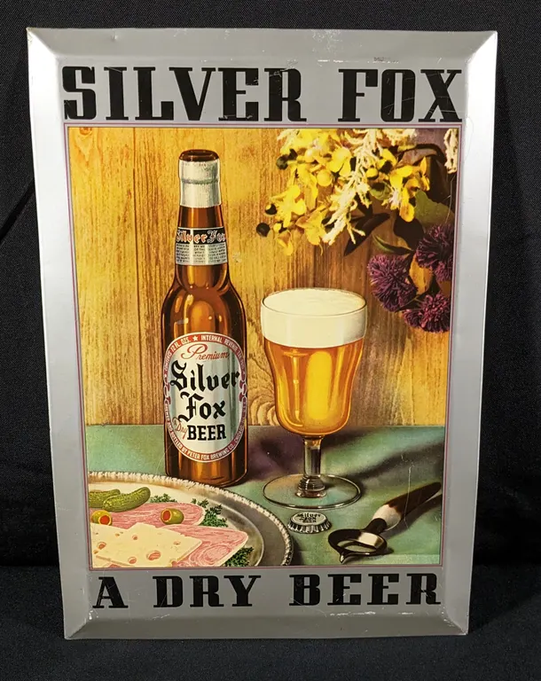 TOC TIN SIGN SILVER FOX A DRY BEER PETER FOX BREWING CHICAGO ILLINOIS