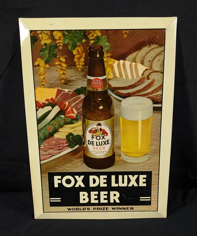 TOC TIN SIGN FOX DE LUXE BEER WORLD'S PRIZE WINNER PETER FOX BREWING CHICAGO ILLINOIS