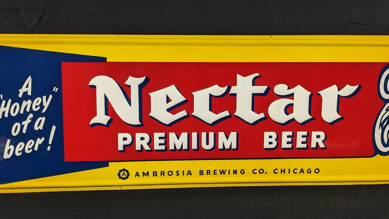 NOS EMBOSSED TIN SIGN NECTAR PREMIUM BEER AMBROSIA BREWING CHICAGO ILLINOIS