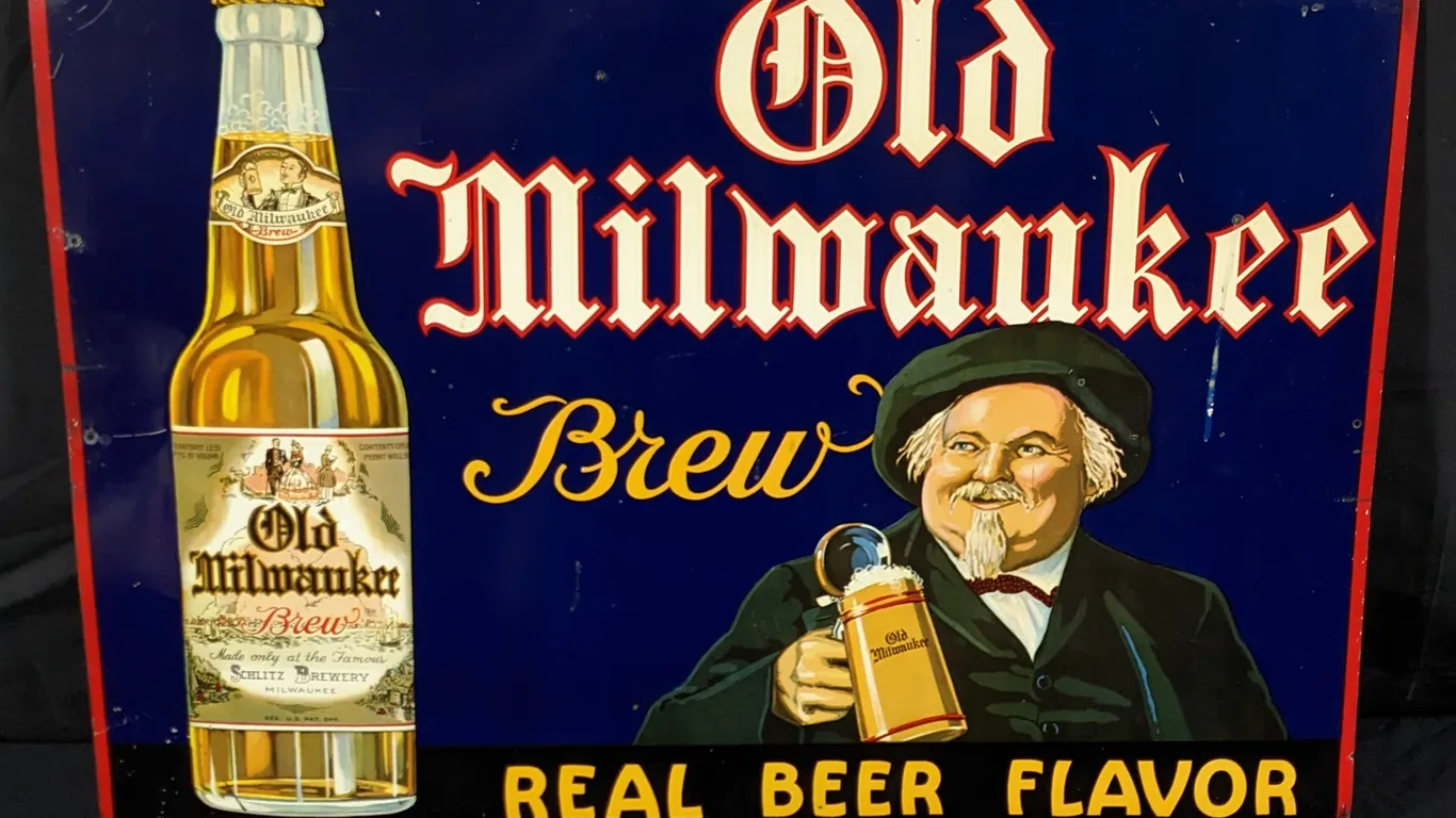 PROHIBITION ERA EMBOSSED TIN SIGN OLD MILWAUKEE BREW SCHLITZ BREWERY MILWAUKEE WISCONSIN