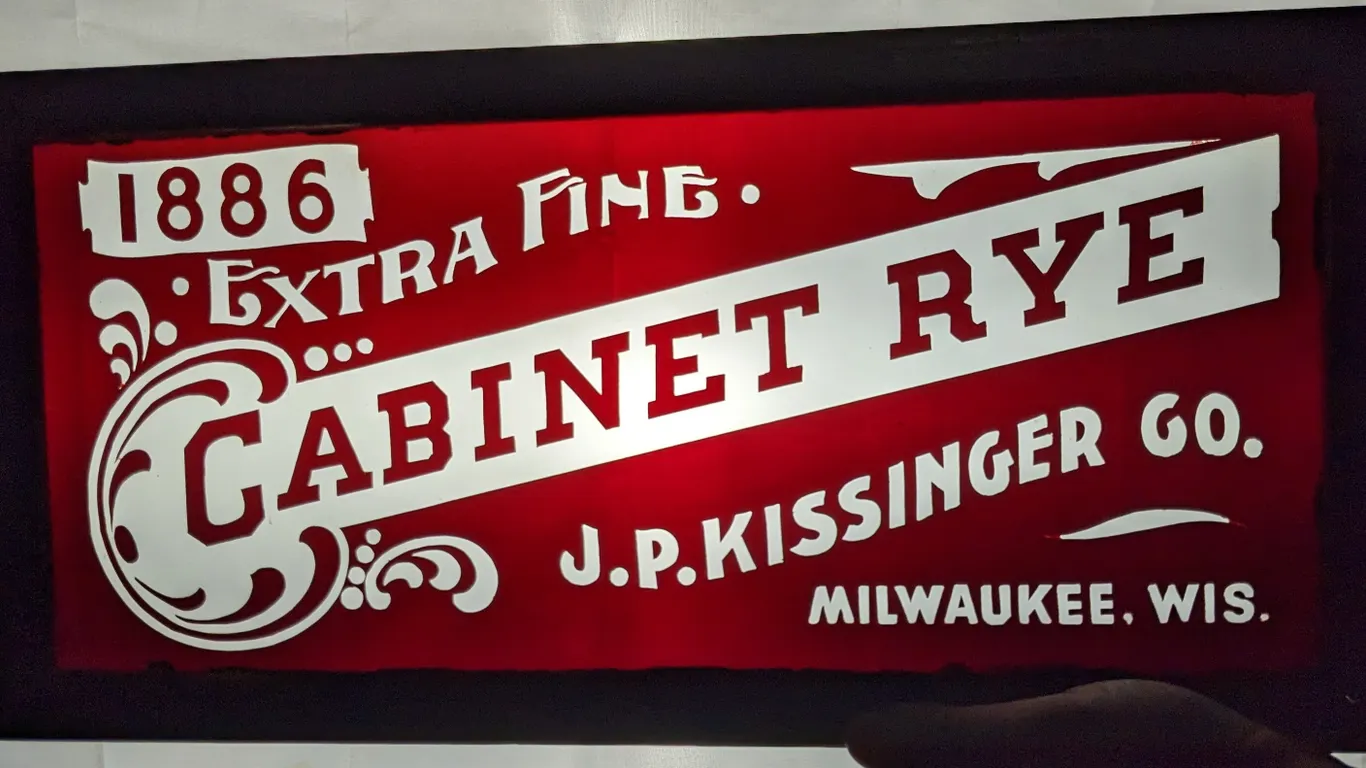 PRE PRO RUBY RED ETCHED GLASS SIGN 1886 EXTRA FINE CABINET RYE WHISKEY J.P. KISSINGER CO. MILWAUKEE