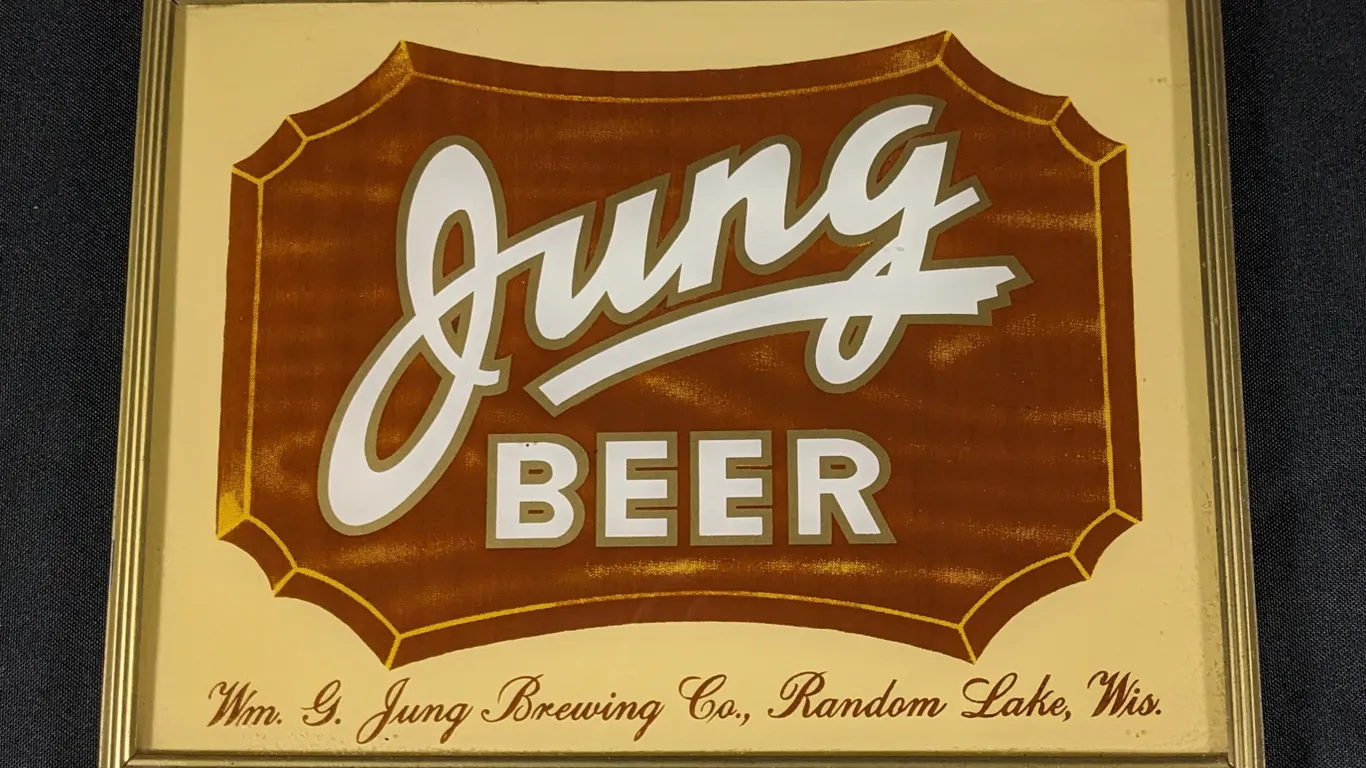 GLASS SIGN JUNG BEER WM G JUNG BREWING CO RANDOM LAKE WISCONSIN