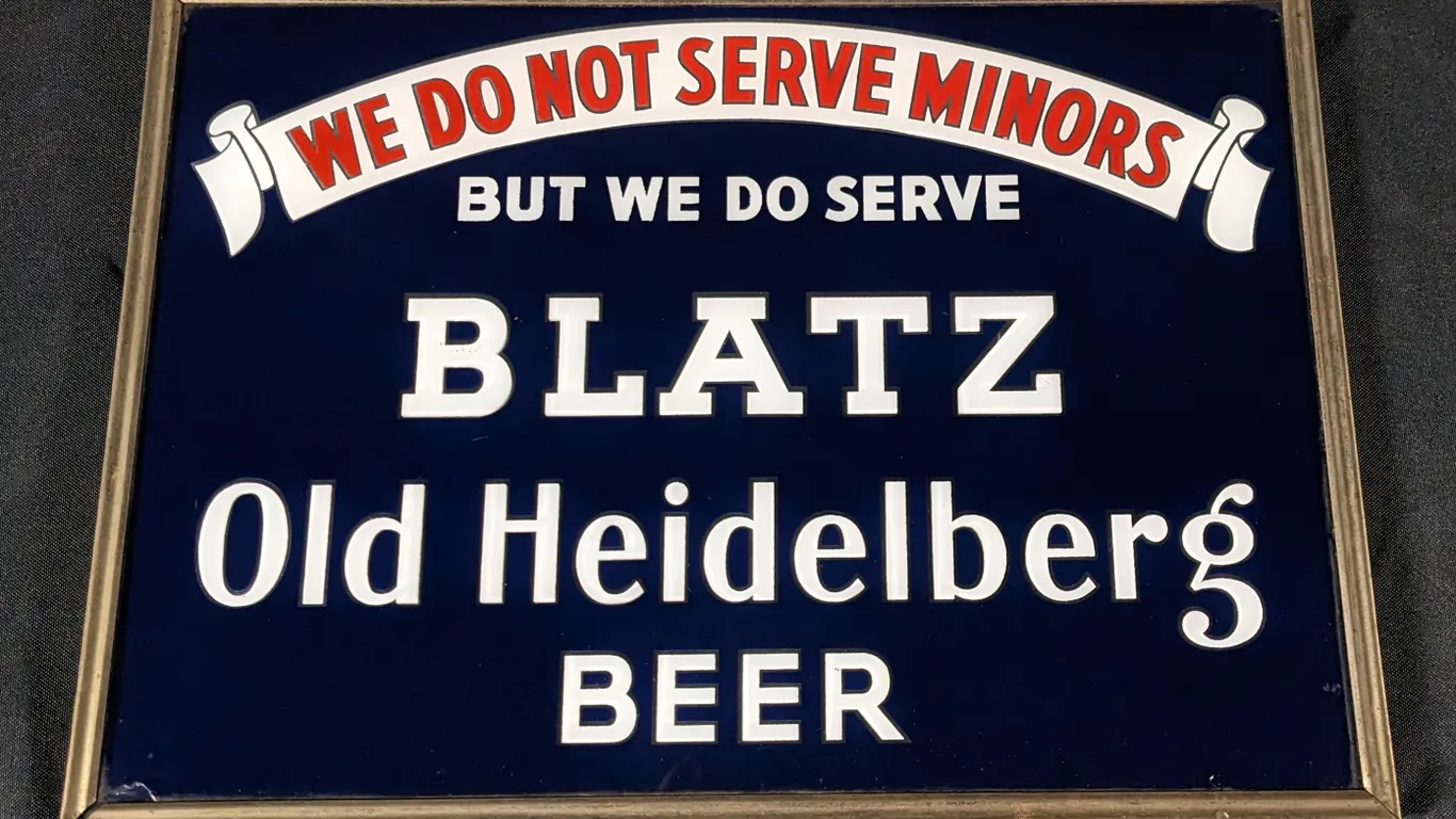 GLASS SIGN WE DO NOT SERVE MINORS BUT WE DO SERVE BLATZ OLD HEIDELBERG BEER MILWAUKEE WISCONSIN