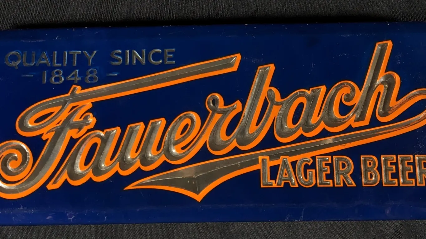 CELLULOID OVER TIN SIGN QUALITY SINCE 1848 FAUERBACH LAGER BEER MADISON WISCONSIN