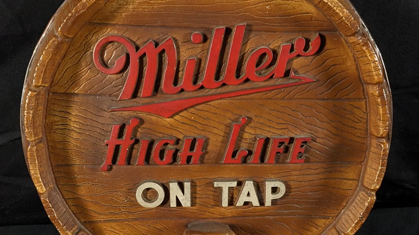 PLASTER BEER BARREL SIGN MILLER HIGH LIFE ON TAP MILWAUKEE WISCONSIN
