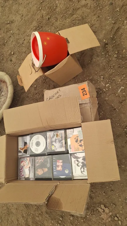 Box of Cds crochet and ice bucket
