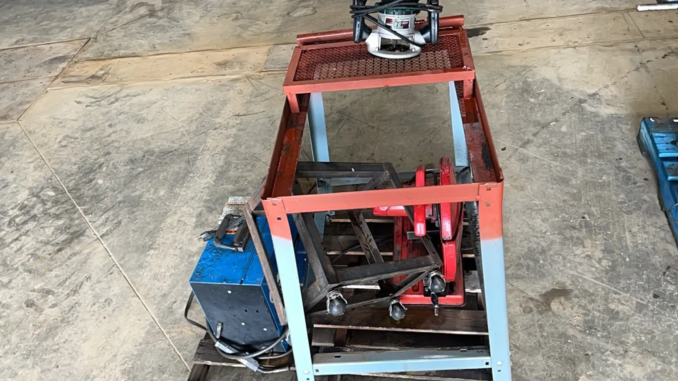 MILLER CRICKET XL 115V WIRE WELDER, SEARS CRAFTSMAN 90 SERIES ROUTER, MILWAUKEE 14" 120V CUT-OFF SAW, SHOPBUILT CART w/ WHEELS, SHOP TABLE - LOCATED I