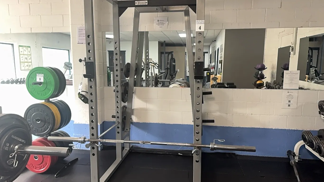 YORK COMMERCIAL POWER RACK w/ PULL-UP BAR, SAFETY BARS & WEIGHT STORAGE, OLYMPIC BAR, CLIPS & WEIGHT - MATS SOLD SEPARATELY