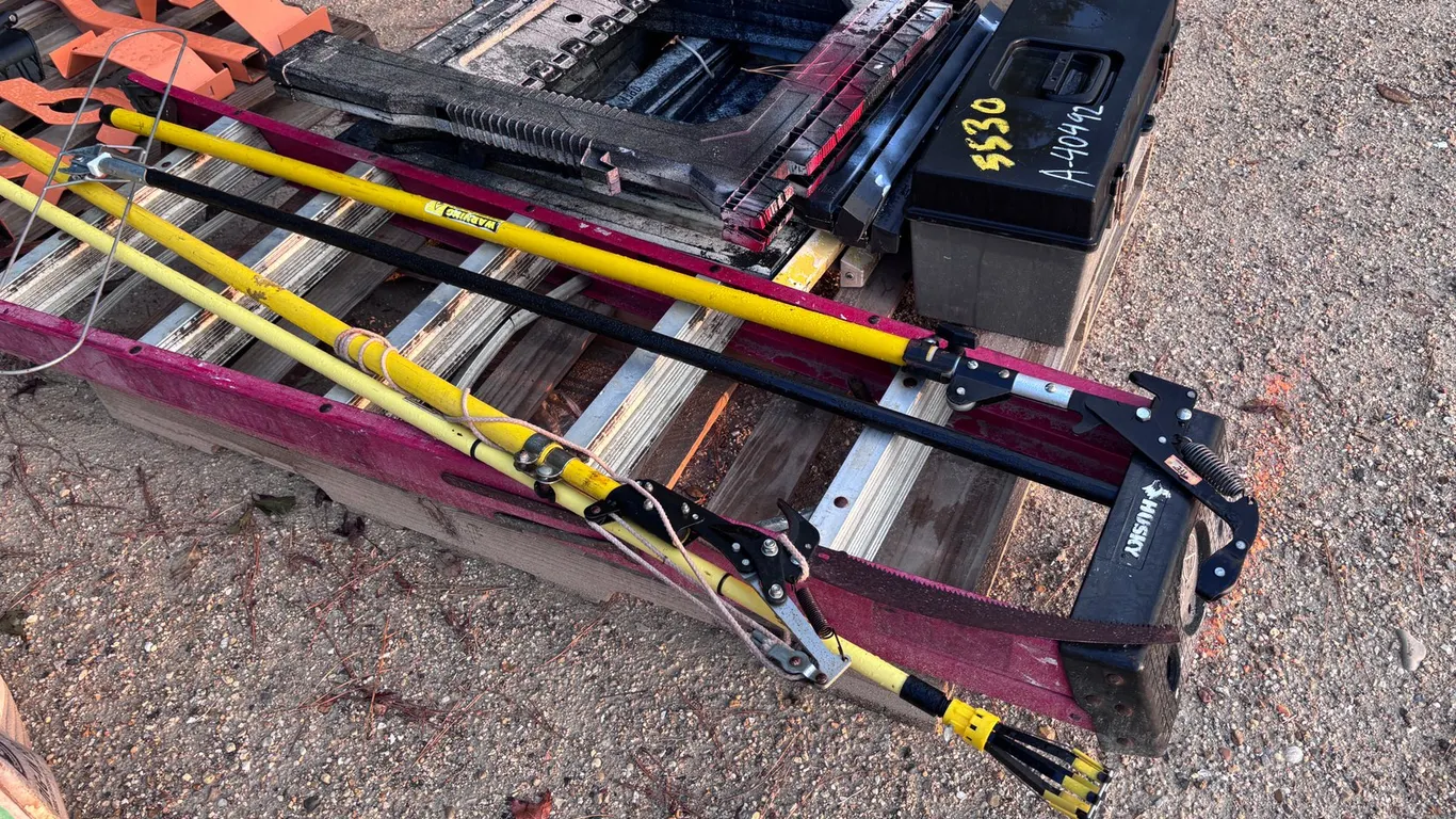 (5) SAWHORSES, TOOLBOX, LADDER, MOP AND CUTTERS