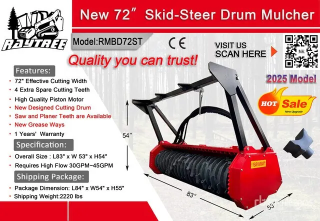 2026 Raytree RMBD72ST 72 in Drum Skid Steer Mulcher (Unused)