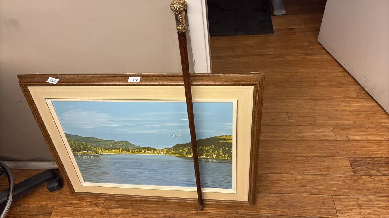 VINTAGE EFFECTS & MORE; ORNATE CANE, SEASIDE PAINTING, CUTLERY ASSORTMENT (STAINLESS & SILVER