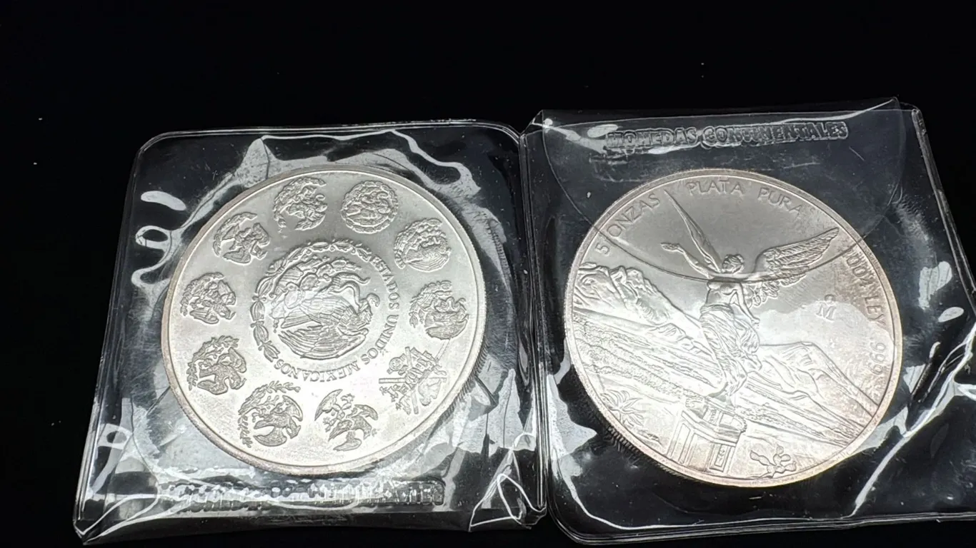 2 MEXICO 5OZ .999 SILVER COINS