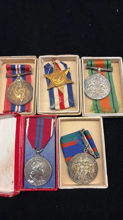 WWII MILITARY SERVICE MEDALS WITH BOXES QEII 1953 CORONATION MEDAL WITH BOX