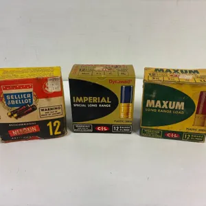 3 assorted boxes 12 ga shotgun shells, 63 shells