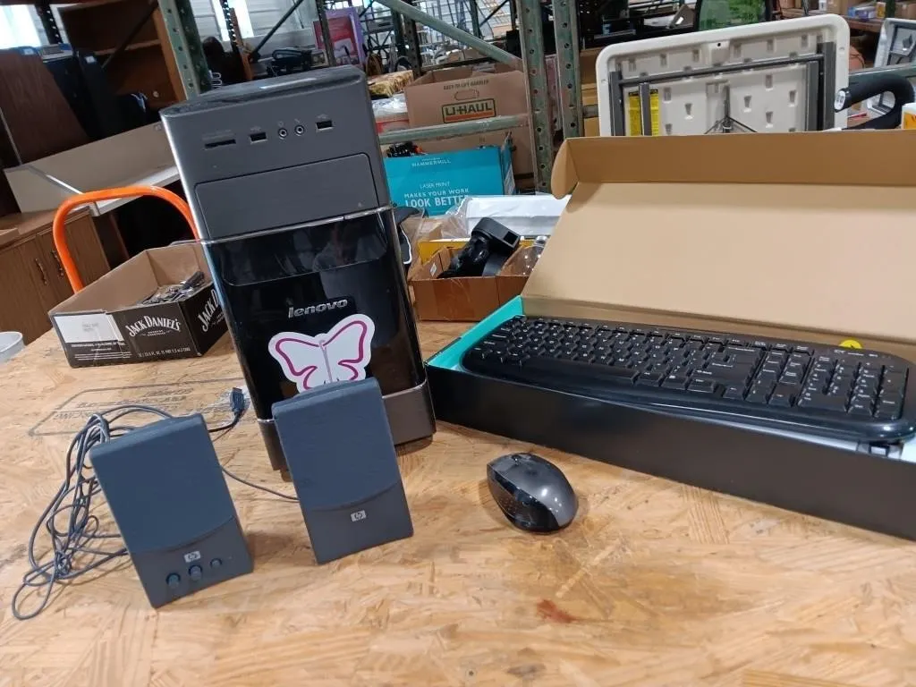 Lenovo tower no cord untested, Logitech keyboard,
