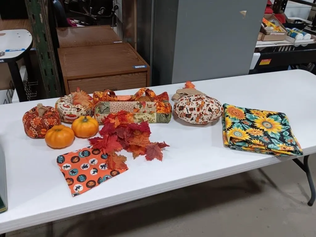 Fall Decor. Pumpkins, hot pad, leaves, purse &