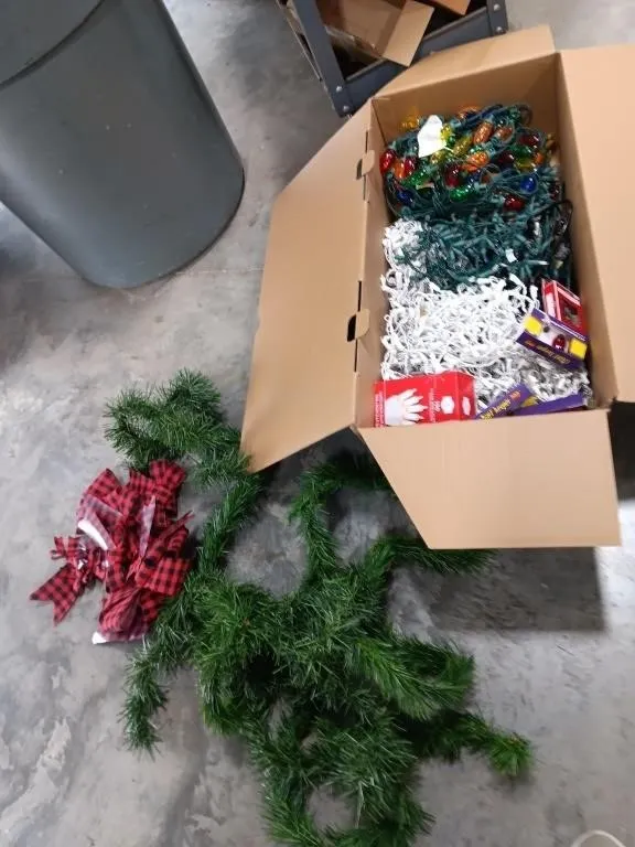 Christmas lights, garland, bows