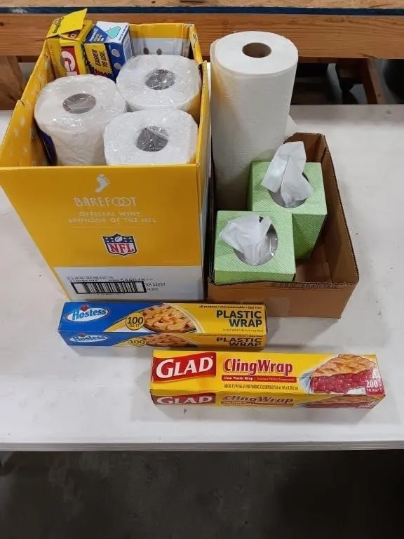 Assortment of paper towels,tissues and plastic
