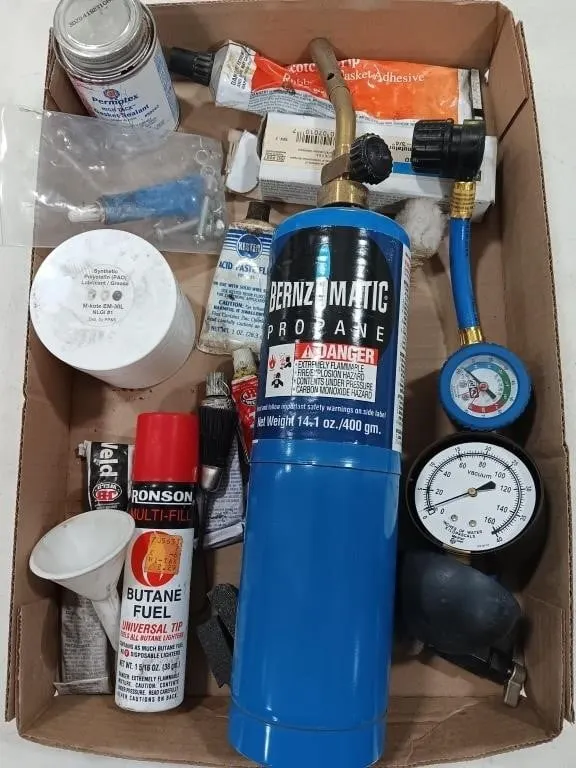 Box of assorted gauges,propane torch and various