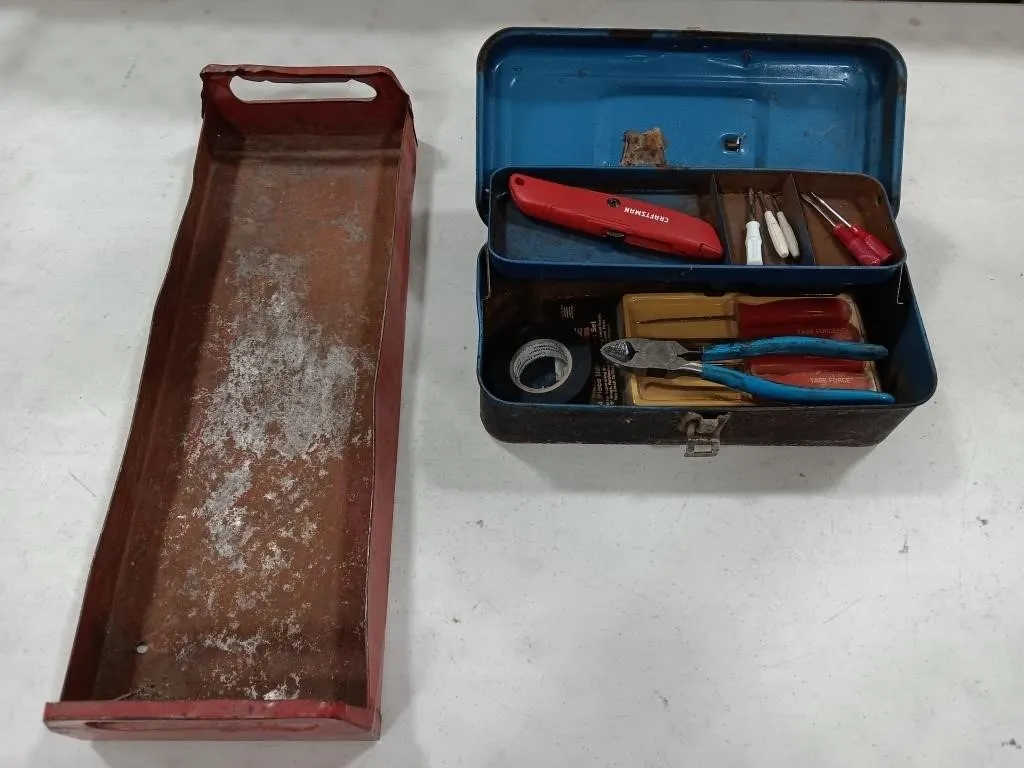 Metal tool tray and metal tool box and contents