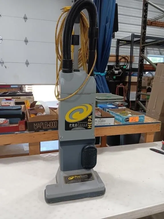 ProTeam upright vacuum powered on, w3