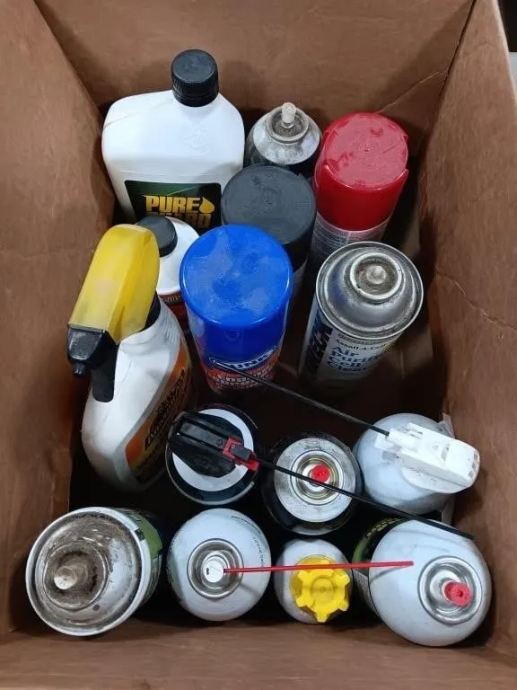 Box of lubricating sprays,cleaners,oil,paint and