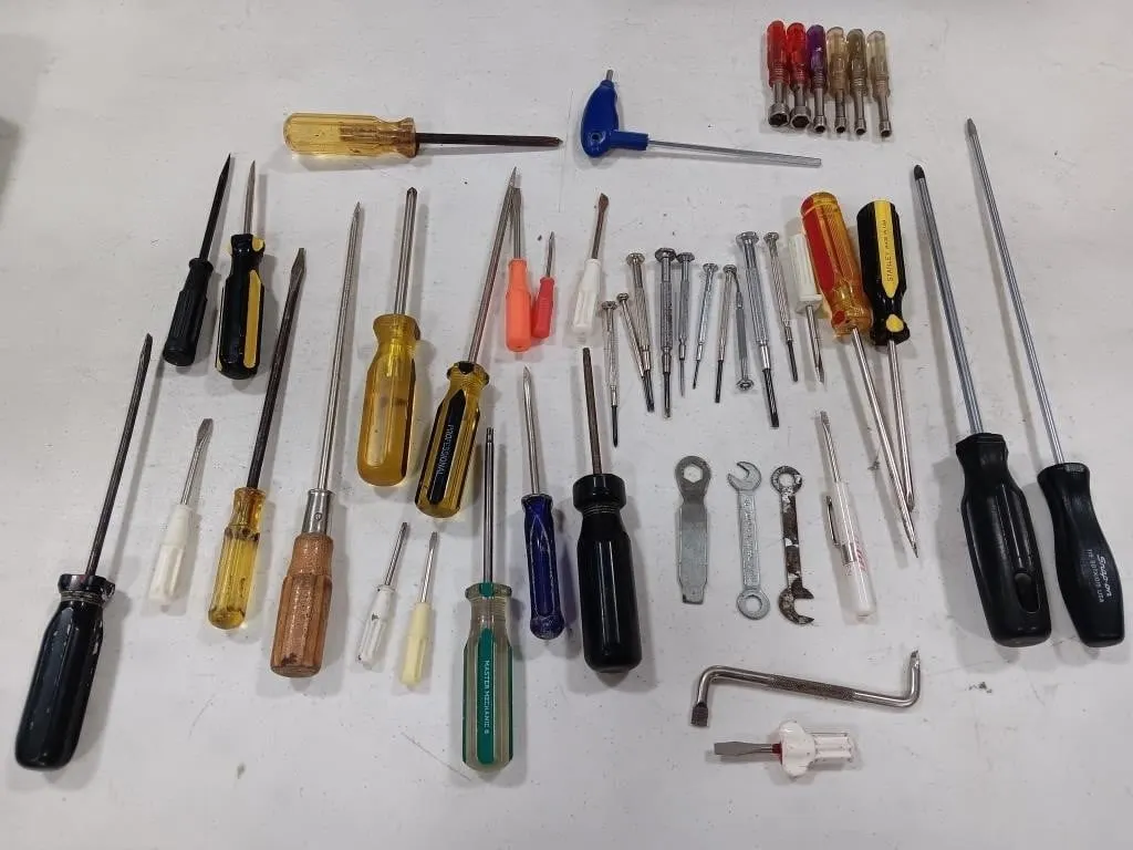 Box of assorted screwdrivers and nut