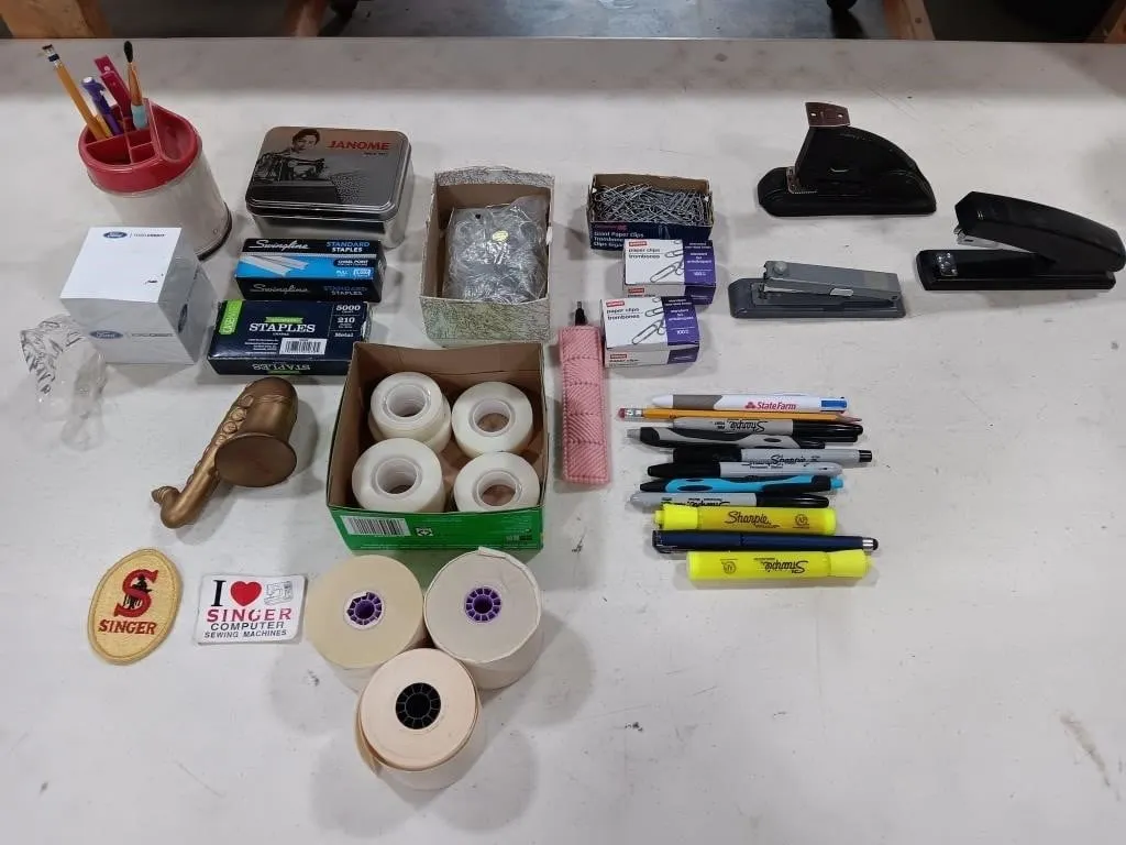 Office Supplies and assortment of knick knacks