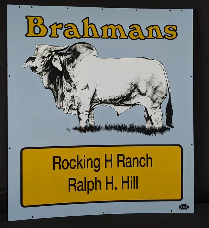 NOS PORCELAIN LIVESTOCK SIGN BRAHMANS ROCKING H RANCH RALPH H. HILL (2 SIDED)