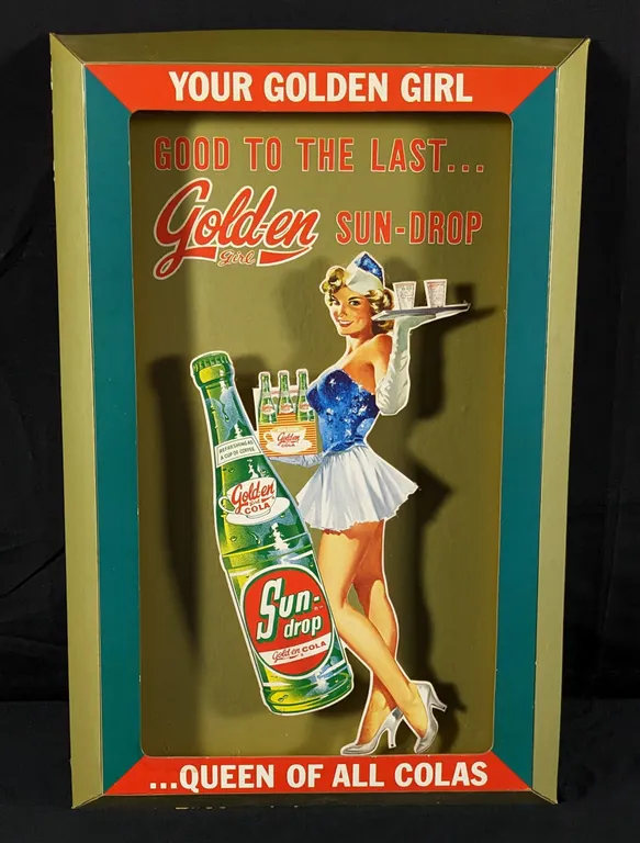 RARE CARDSTOCK 3-D SUNDROP SIGN YOUR GOLDEN GIRL QUEEN OF ALL COLAS SUN-DROP SUN DROP