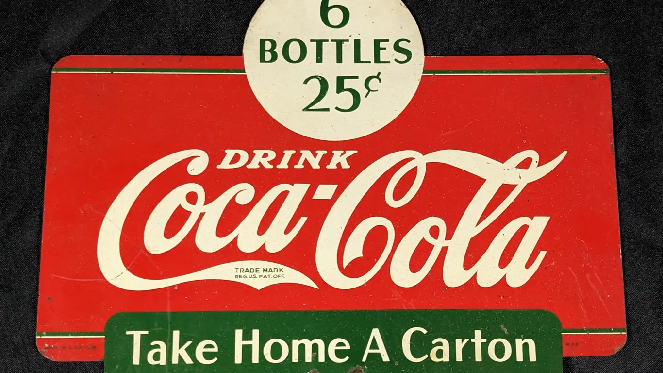 TIN RACK SIGN 6 BOTTLES 25¢ DRINK COCA COLA TAKE HOME A CARTON (2 SIDED)