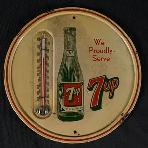 TIN THERMOMETER SIGN WE PROUDLY SERVE 7UP 7-UP SEVEN UP