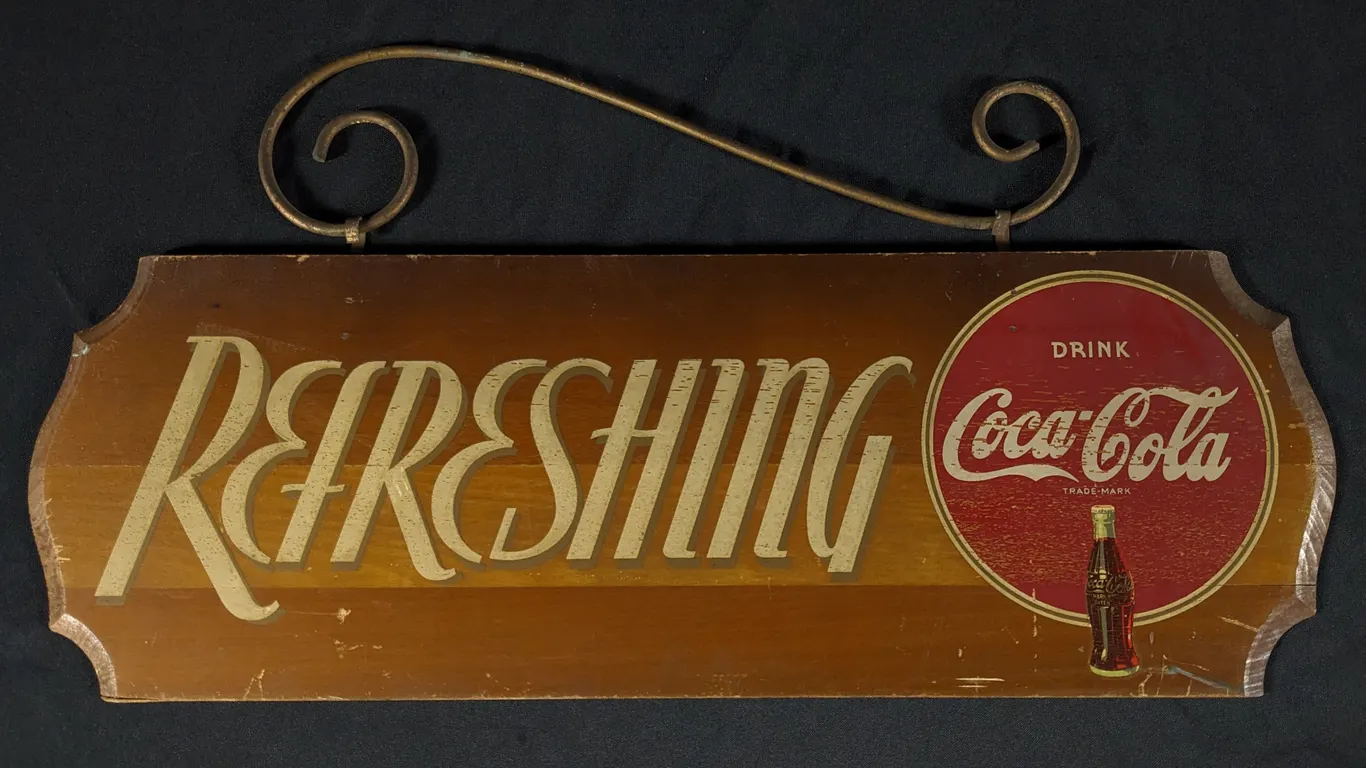 KAY DISPLAYS REFRESHING DRINK COCA COLA WOOD SIGN WITH METAL HANGER