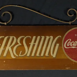 KAY DISPLAYS REFRESHING DRINK COCA COLA WOOD SIGN WITH METAL HANGER