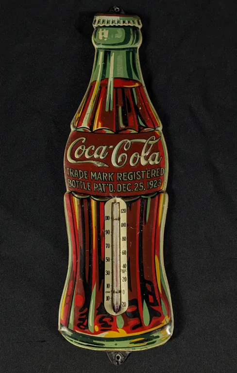 PAT'S DEC. 25, 1923 EMBOSSED TIN BOTTLE THERMOMETER SIGN