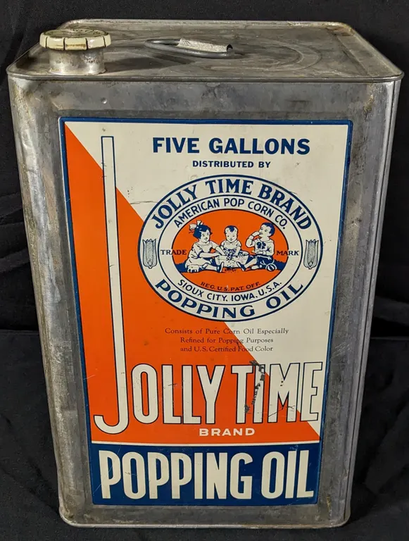 5 GAL CAN JOLLY TIME BRAND POPCORN POPPING OIL SIOUX CITY IOWA