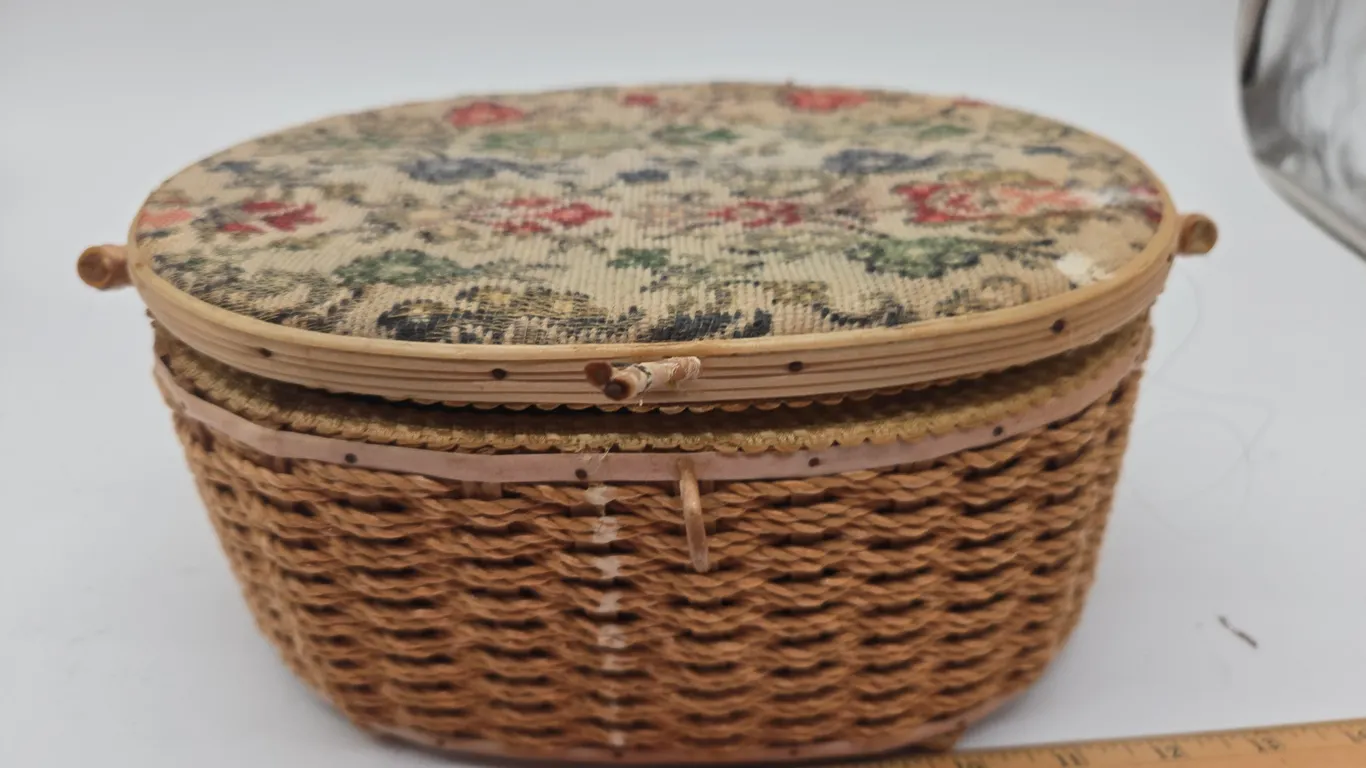 Vintage sewing basket and contents