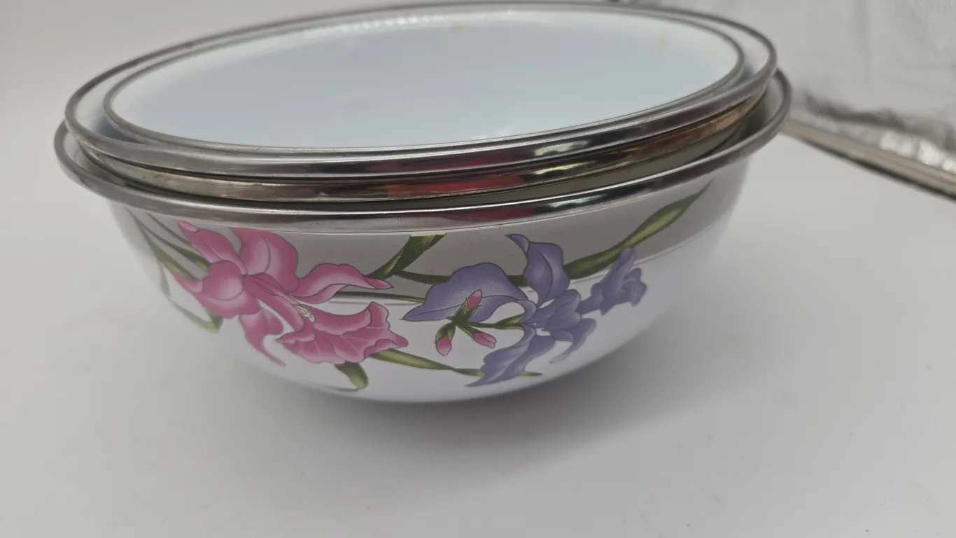 Vintage g m I iris design enamel stack on mixing bowls
