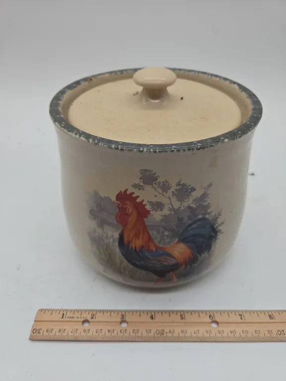 Vintage stoneware rooster cookie jar with lid