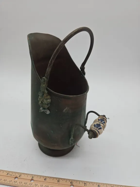 Antique copper and porcelain scuttle bucket